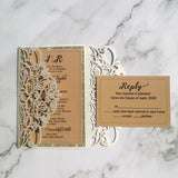 Delicate Ivory Laser Cut Wedding Invite with Champagne Gold Glitter and Glittery Envelope CILA025