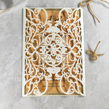 Delicate Ivory Laser Cut Wedding Invite with Champagne Gold Glitter and Glittery Envelope CILA025
