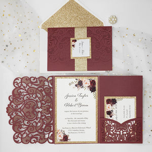 Burgundy Shimmer Laser Cut Pocket Wedding Invite