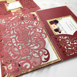 Burgundy Shimmer Laser Cut Pocket Wedding Invite with Rose Gold Glitter CILA029