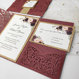 Burgundy Shimmer Laser Cut Pocket Wedding Invite with Rose Gold Glitter CILA029