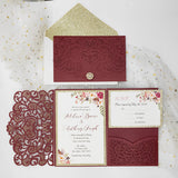 Burgundy Shimmer Laser Cut Pocket Wedding Invite with Rose Gold Glitter and Buckle CILA005