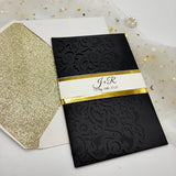 Black Shimmer Laser Cut Wedding Invitation with Gold Mirrored Paper CILA030