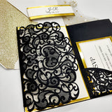 Black Shimmer Laser Cut Wedding Invitation with Gold Mirrored Paper CILA030