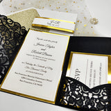 Black Shimmer Laser Cut Wedding Invitation with Gold Mirrored Paper CILA030