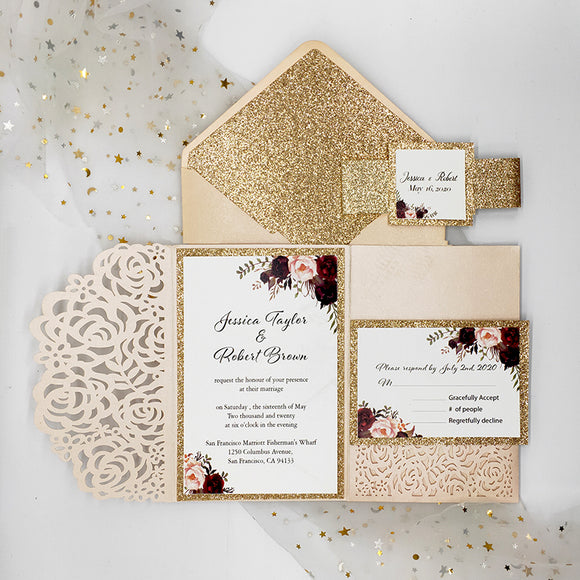 Blush Shimmer Laser Cut Pocket Wedding Invite with Rose Gold Glitter CILA022