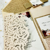 Blush Shimmer Laser Cut Pocket Wedding Invite with Rose Gold Glitter CILA022