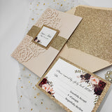 Blush Shimmer Laser Cut Pocket Wedding Invite with Rose Gold Glitter CILA022