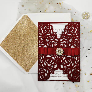 Elegant Burgundy Laser Cut wedding invite with Red Ribbon and Bling Crystal CILA038