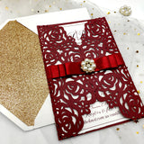 Elegant Burgundy Laser Cut wedding invite with Red Ribbon and Bling Crystal CILA038