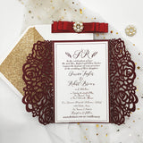 Elegant Burgundy Laser Cut wedding invite with Red Ribbon and Bling Crystal CILA038