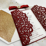 Elegant Burgundy Laser Cut wedding invite with Red Ribbon and Bling Crystal CILA038