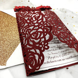 Elegant Burgundy Laser Cut wedding invite with Red Ribbon and Bling Crystal CILA038