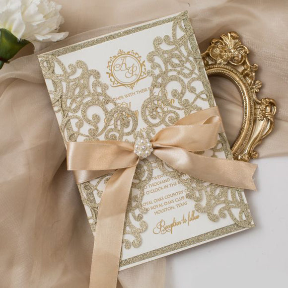 Elegant Champagne Gold Glittery Laser Cut Wedding Invite with Ribbon CILA067