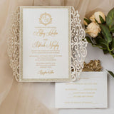 Elegant Champagne Gold Glittery Laser Cut Wedding Invite with Ribbon CILA067
