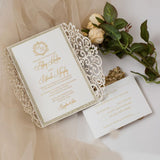 Elegant Champagne Gold Glittery Laser Cut Wedding Invite with Ribbon CILA067