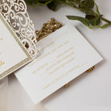 Elegant Champagne Gold Glittery Laser Cut Wedding Invite with Ribbon CILA067