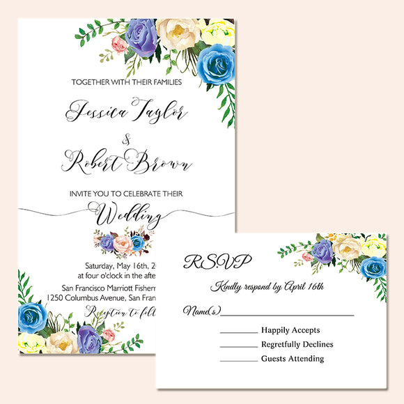 Elegant Blue Watercolor Floral Wedding Invite CIA009