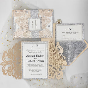 Elegant Blush Shimmer Laser Cut Wedding Invite with Silver Glitter and Glittery Envelope CILA007