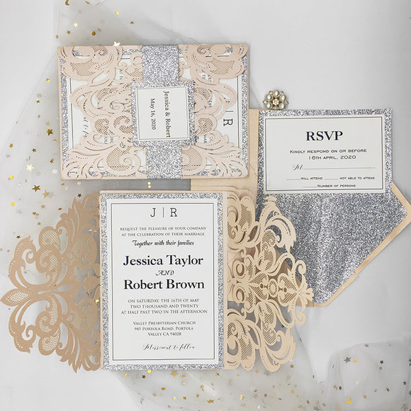 Elegant Blush Shimmer Laser Cut Wedding Invite with Silver Glitter and Glittery Envelope CILA007