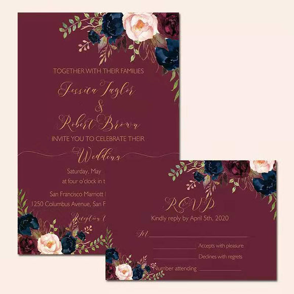 Elegant Burgundy And Gold Floral Wedding Invitation CIA010