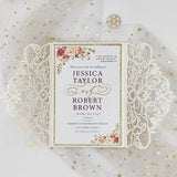 Elegant  Ivory Shimmer Laser Cut Wedding Invite with Ribbon and Champagne Gold Glitte CILA045