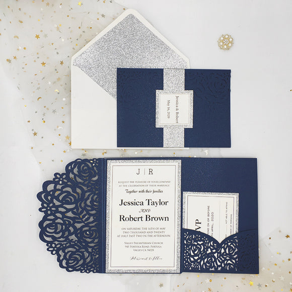 Navy Blue Shimmer Laser Cut Pocket Wedding Invite with Silver Glitter CILA003