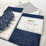Navy Blue Shimmer Laser Cut Pocket Wedding Invite with Silver Glitter CILA003