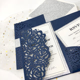 Navy Blue Shimmer Laser Cut Pocket Wedding Invite with Silver Glitter CILA003