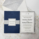 Navy Blue Shimmer Laser Cut Pocket Wedding Invite with Silver Glitter CILA003