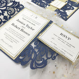 Elegant Navy Blue Shimmer Laser Cut Wedding Invite CILA013