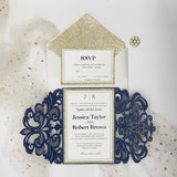 Navy Blue Shimmer Laser Cut Wedding Invite with Champagne Gold Glitter CILA013