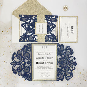 Elegant Navy Blue Shimmer Laser Cut Wedding Invite CILA013