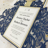 Navy Blue Shimmer Laser Cut Wedding Invite with Champagne Gold Glitter CILA013