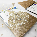 Rose Gold Glittery Laser Cut Wedding Invite with Floral Insert CILA028