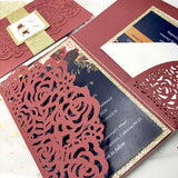 Burgundy Shimmer Laser Cut Pocket Wedding Invite with Navy Insert and Champagne Gold Glitter CILA017