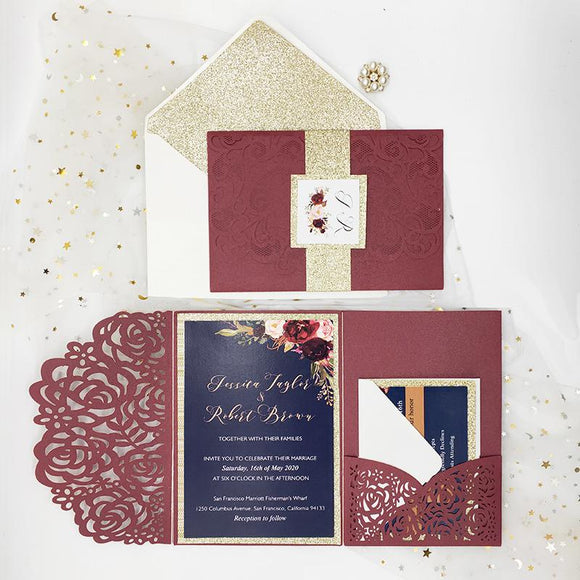 gorgeous burgundy laser cut wedding invite