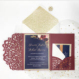 Burgundy Shimmer Laser Cut Pocket Wedding Invite with Navy Insert and Champagne Gold Glitter CILA017