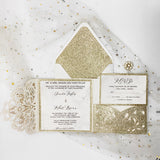 Champagne Gold Glittery Laser Cut Wedding Invite with Belly Band CILA016