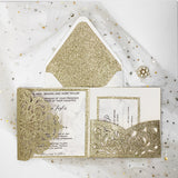Champagne Gold Glittery Laser Cut Wedding Invite with Belly Band CILA016