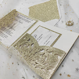 Champagne Gold Glittery Laser Cut Wedding Invite with Belly Band CILA016