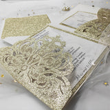 Champagne Gold Glittery Laser Cut Wedding Invite with Belly Band CILA016