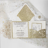 Champagne Gold Glittery Laser Cut Wedding Invite with Belly Band CILA016
