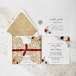 Rose Gold Glittery Laser Cut Wedding Invite with Floral Insert and Ribbon and CILA008