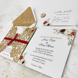 Rose Gold Glittery Laser Cut Wedding Invite with Floral Insert and Ribbon and CILA008