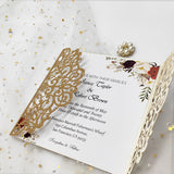 Rose Gold Glittery Laser Cut Wedding Invite with Floral Insert and Ribbon and CILA008