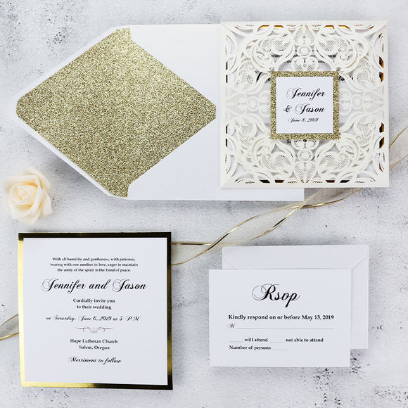 Ivory Shimmer Laser Cut Wedding Invitation with Champagne Gold Glitter CILA059