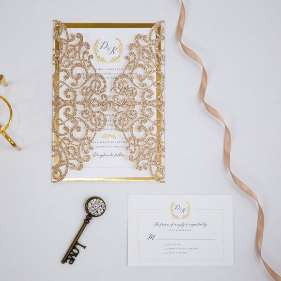 Luxury Rose Gold Glittery Laser Cut Wedding Invite with Classic Insert CILA050