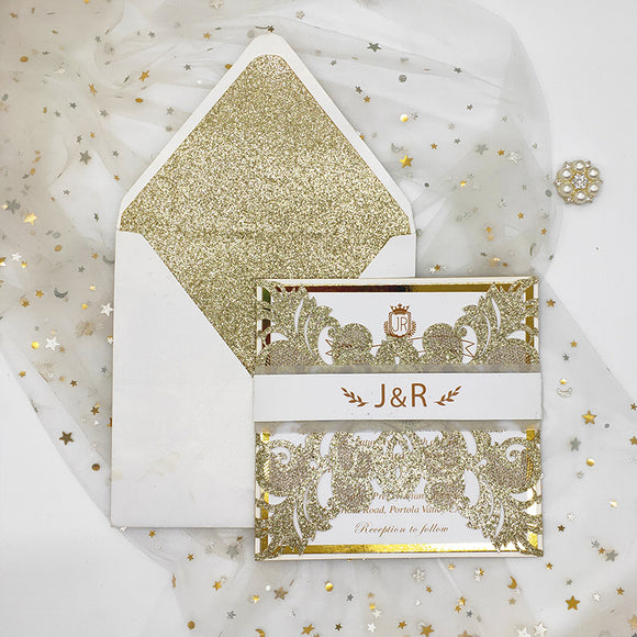 Luxury Champagne Gold Glittery Laser Cut Wedding Invite CILA004