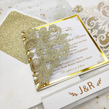 Luxury Champagne Gold Glittery Laser Cut Wedding Invite CILA004